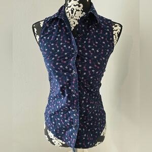 Banana Republic Navy and Pink Sleeveless Button-Down Shirt